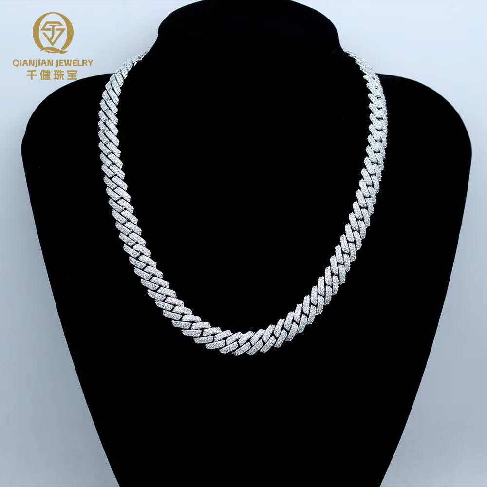 In Stock Luxury Jewelry Prong Setting 12mm Two Rows VVS Iced Out Moissanite Diamond White S925 Sterling Silver Cuban Link Chain