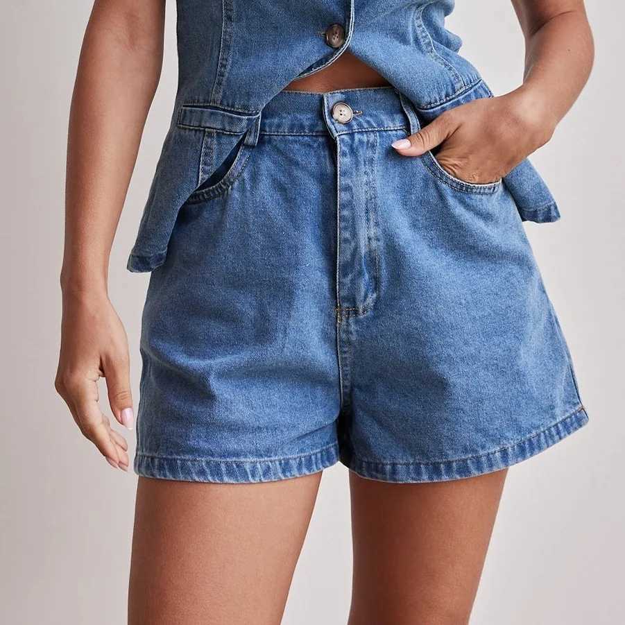 2025 Summer New Retro Ele Comter Denim Set Non Fleece Top+Shorts Round Neck Fashion Two Piece SetXJ250414