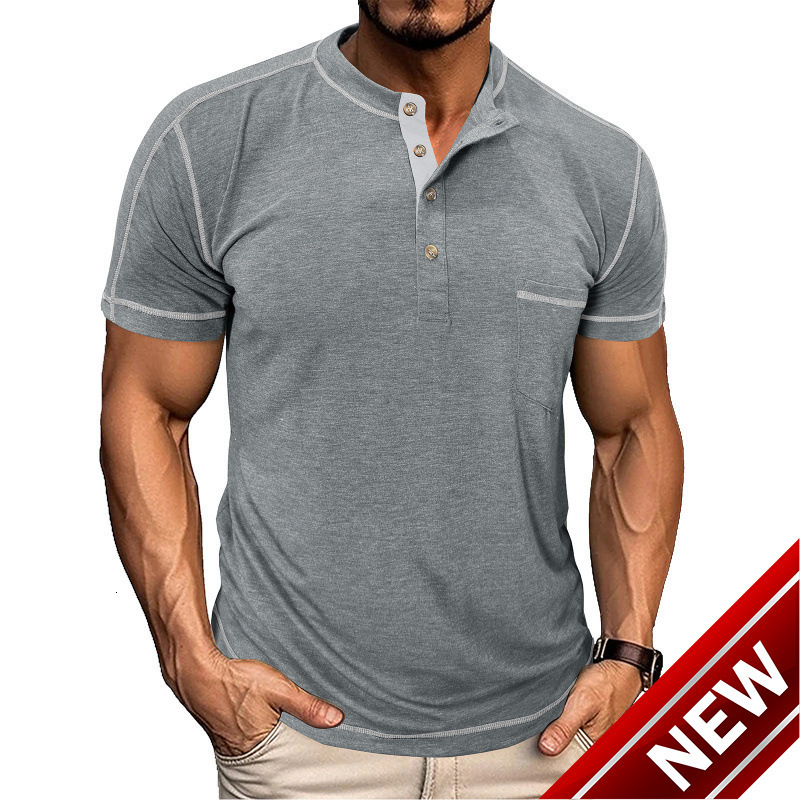 2025 Summer Mens American style Henry collar short sleeved T-shirt Mens color blocked round neck plus size top
