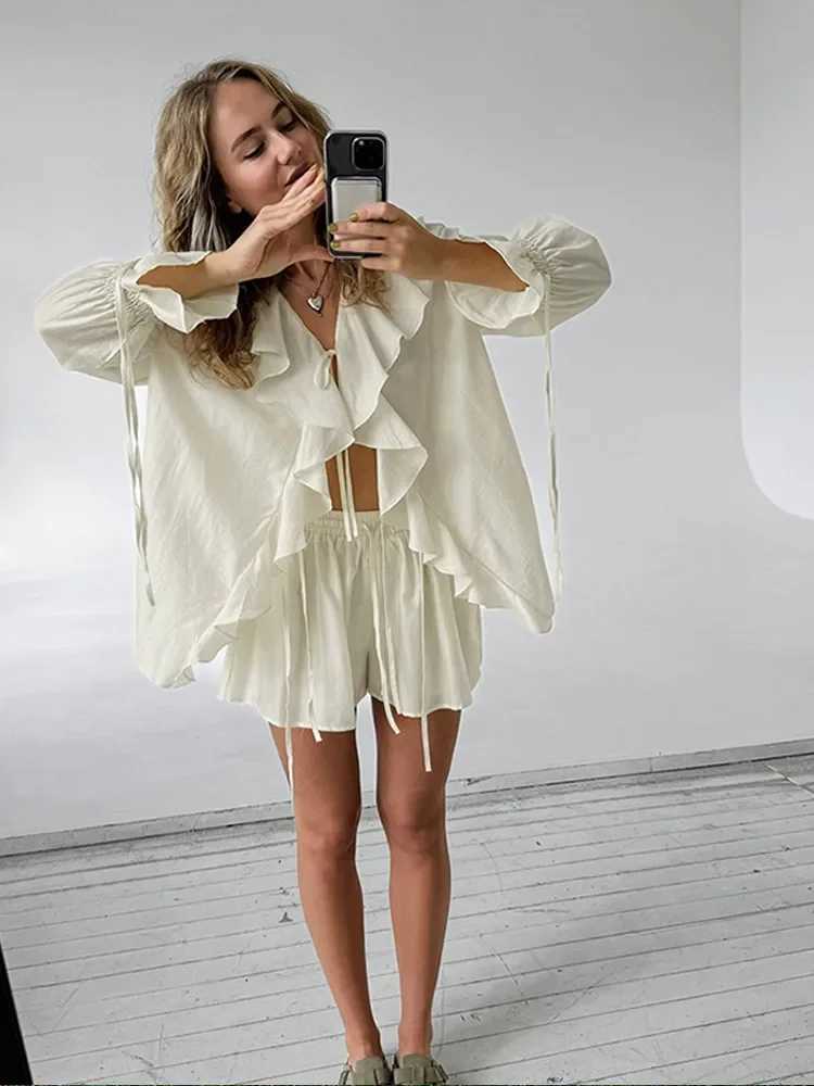 Summer holiday long Sve pleated lace chiffon shorts set for womens casual V-neck solid loose shorts set 2025 Fe new setXJ250414