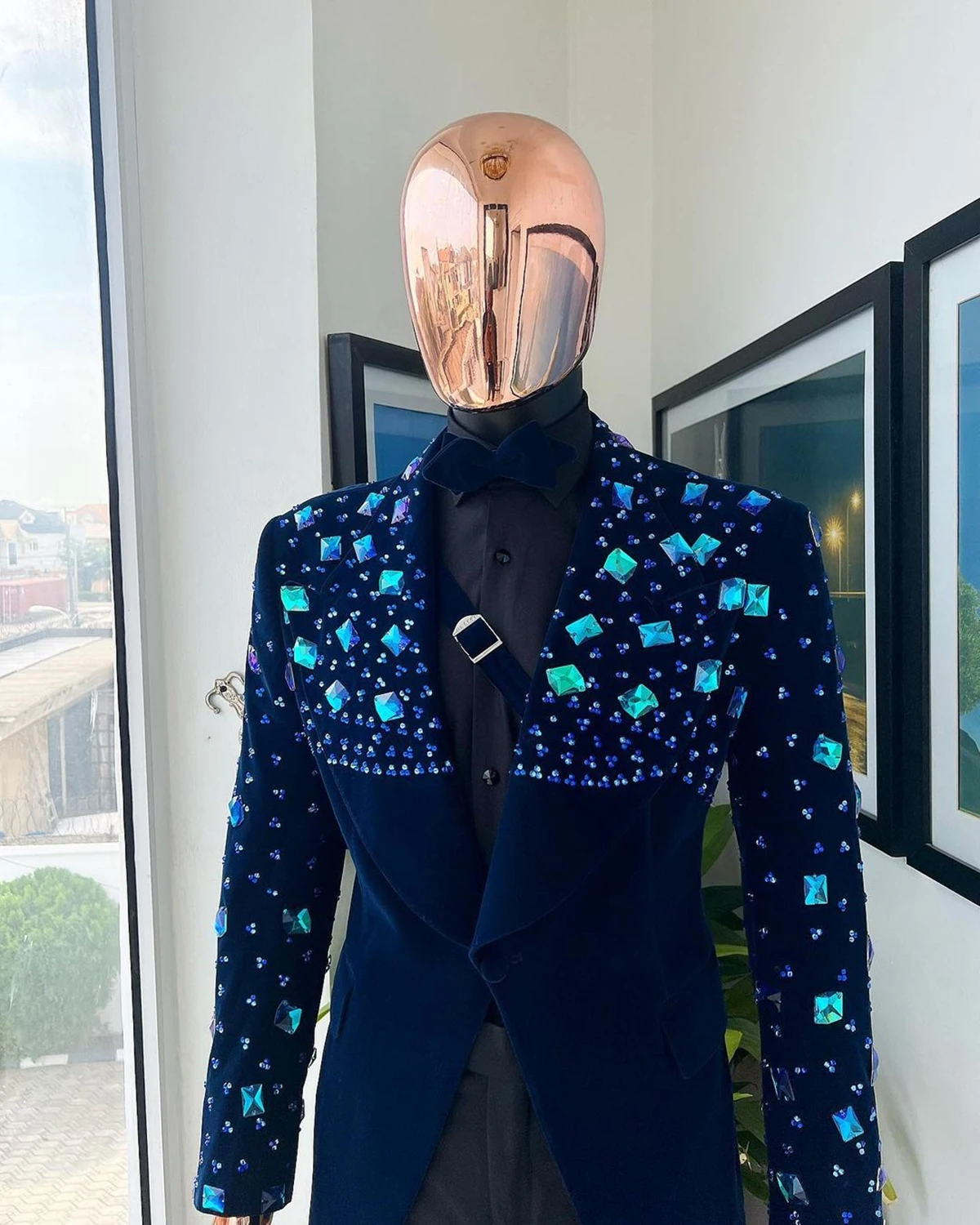 Elegant Men's Suit Tailored Crystal Shawl Lapel Blazers 2 Pieces Set Beading Groom Jacket One Button Custom Made Prom Party Coat Jacket Black Pan