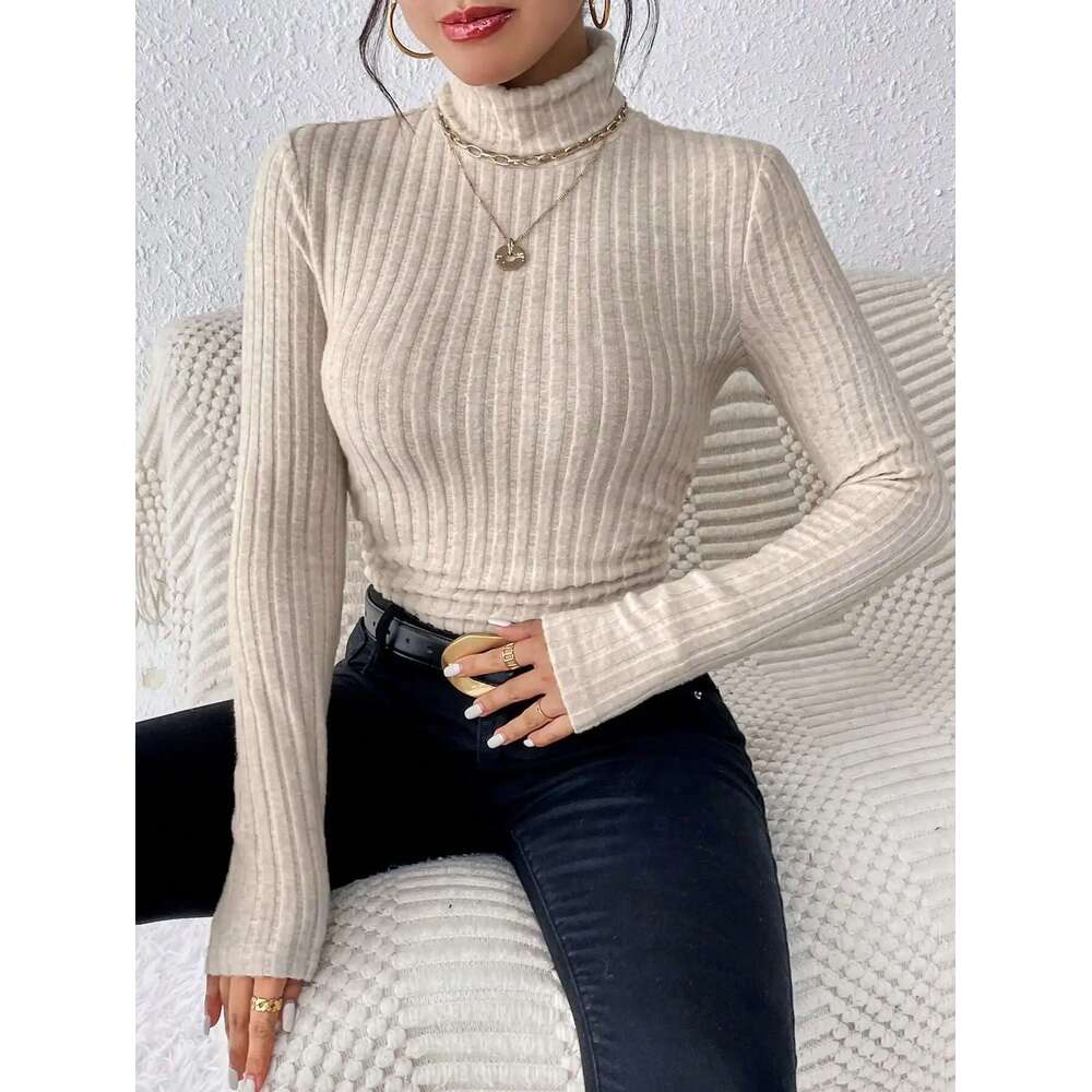Autumn and Winter Sexy Texture Pit Stripe Slim Knit Long Sleeve t-shirt New High Neck Casual Women's Tops