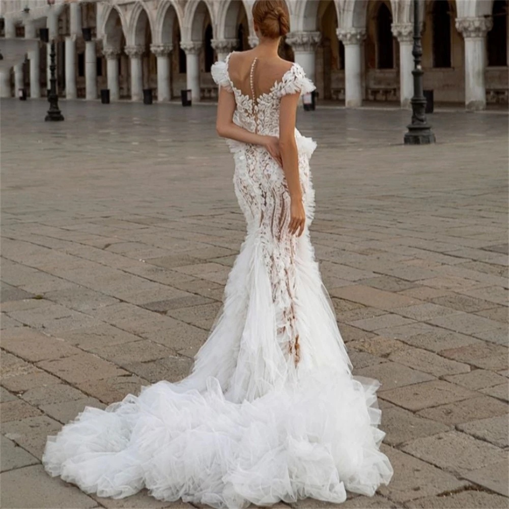 Sexy V Neck Mermaid Wedding Dresses Elegant Tiered Ruffles Gowns Short Sleeve Lace Robe De Mariee Customized