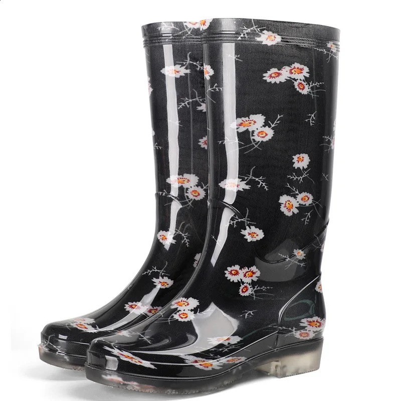 Womens Galoshes Floral Print Rain Boots Women Waterproof Work Garden Water Shoes Ladies Non-slip Rubber Boot High Rain Shoes 250410