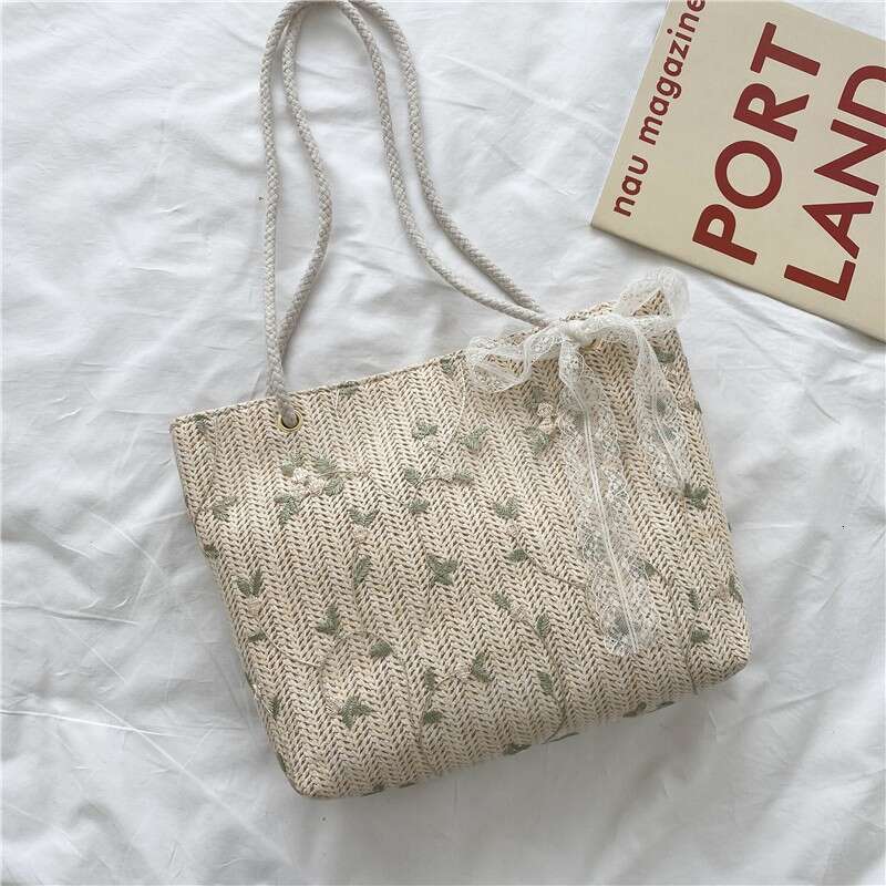 Handmade Beach Bag Grass For Women's New Versatile Small Fresh Bow Tie Lace Portable Shoulder Popular Woven Tote Bag Kq2