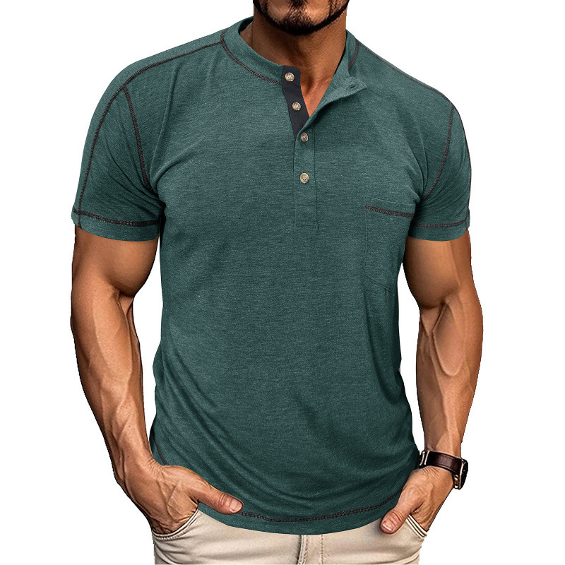 2025 Summer Mens American style Henry collar short sleeved T-shirt Mens color blocked round neck plus size top