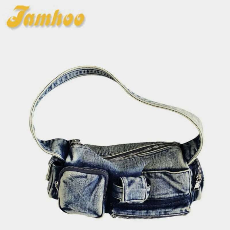 Jamhoo Women Denim Crossbody Casual Large Capacity Shoulder Vintage Messenger Multi-Pockets Zipper Commute Bag Bolsa