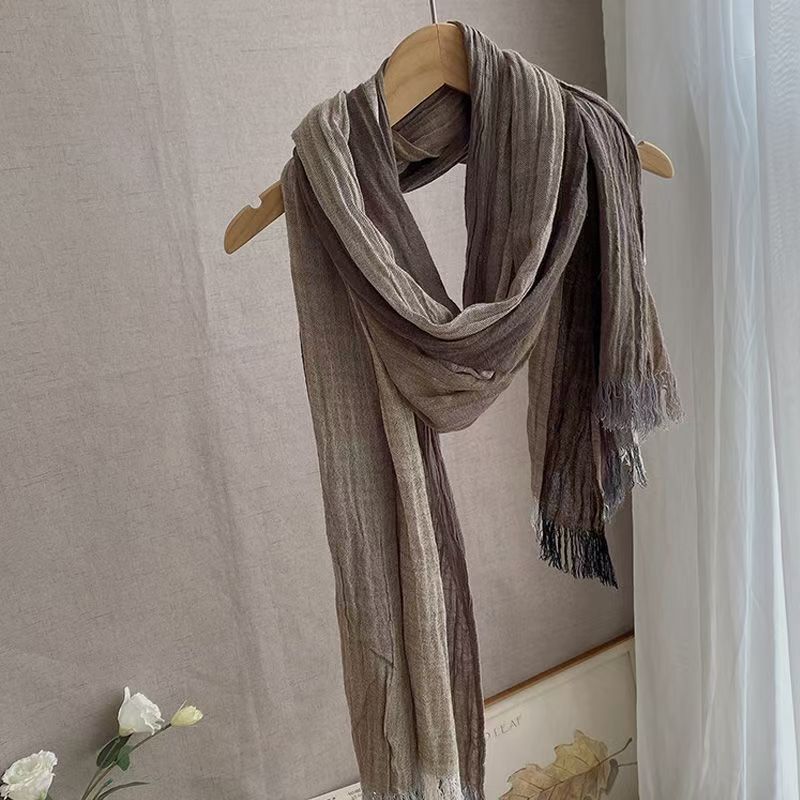 T474 new cotton and linen scarf for women in autumn and winter, all-match Japanese color stripes, linen, thin and artistic long neck scarf
