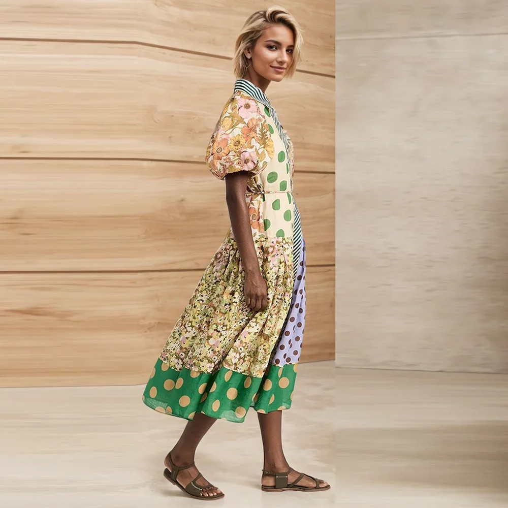 Summer Womens Single Chest Long Lantern Sleeve Graffiti Printed Tie Waist Dress Beach Vacation Flower Bohemian 250411