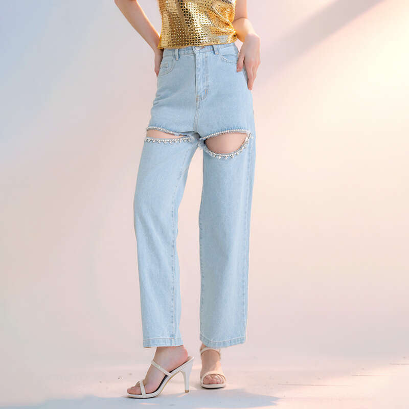 Designer Elegant Women's Spring 2025 Denim Jeans - High Rise, Straight Cut with Distinctive Diamond Pattern