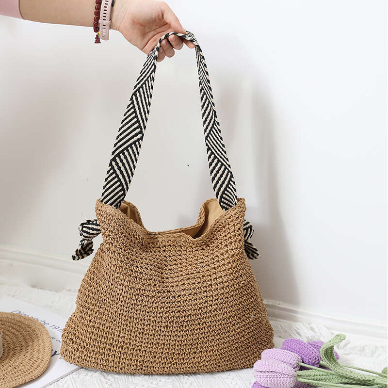 Handmade Beach Bag Korean Ins Navy Style Grass 2024 New Handmade Single Shoulder Woven Women's Versatile Vacation Beach Bag Kq2