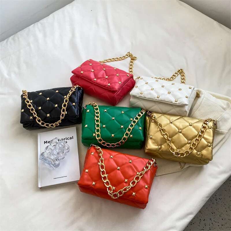 Trendy Chain Shoulder Fashion Plaid Pu Leather Underarm Bags For Women Rivet Flap Lady Handbags Designer Women's Bag
