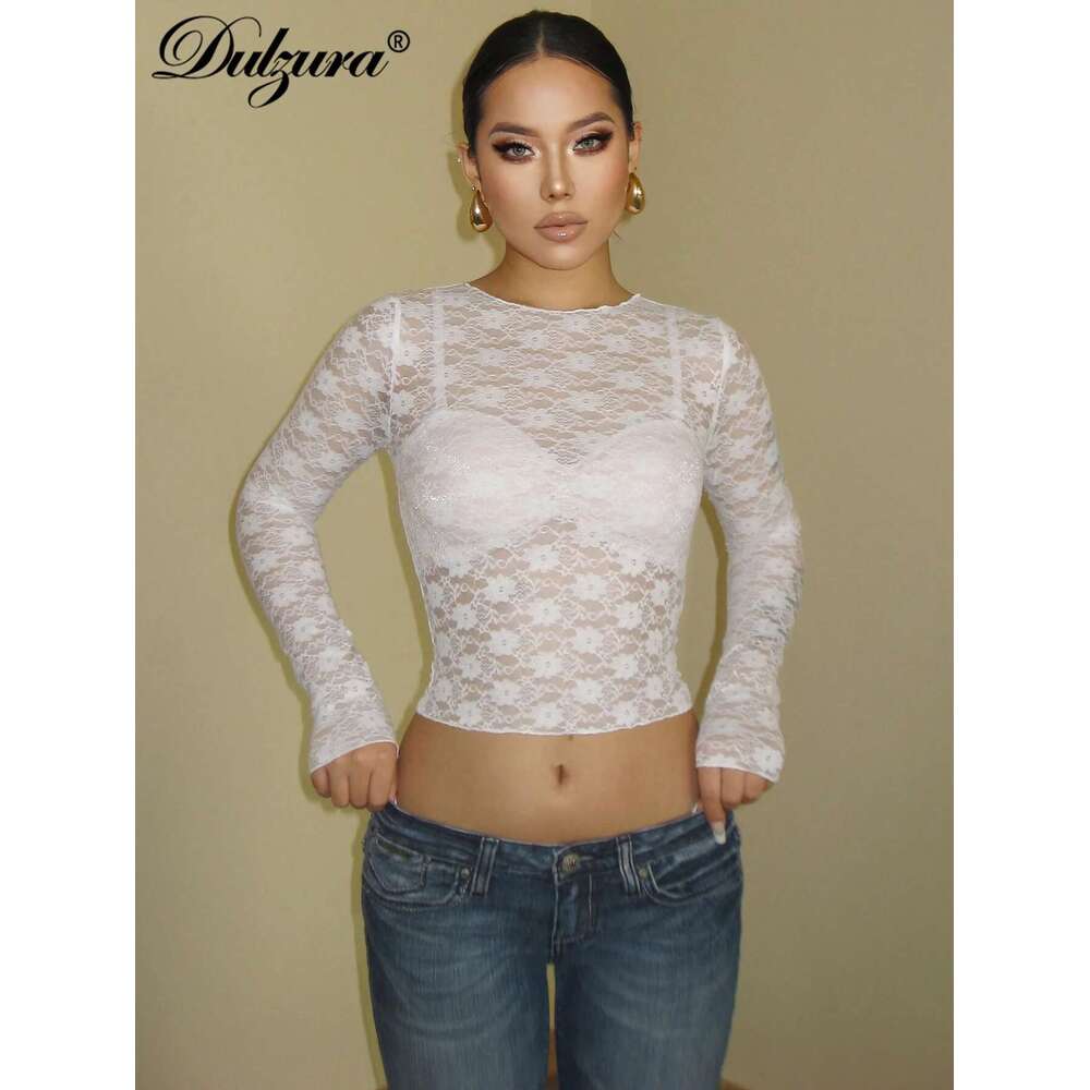 Dulzura Long Sleeves See Through Lace Crop Top Solid Sexy Bodycon T-Shirt For Women Party Club Spring Summer Clothes