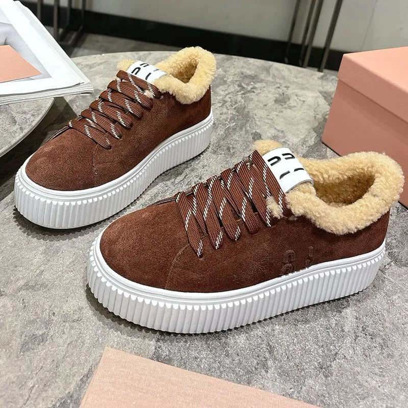 Luxury Womens Suede and shearling sneaker casual designer shoe woman black autumn winter sneakers anti slip rubber sole platform warm comfortable plush women shoe