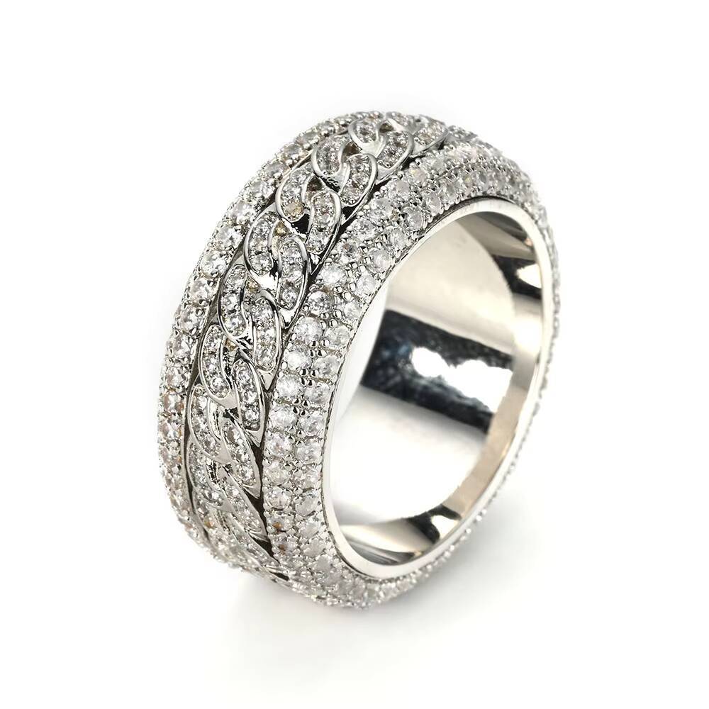 Fashion 14K Gold White Gold Plated Iced Ring Mens/Womens Radiant Cut Moissanite Eternity Bling Cuban Link Chain Ring Chic