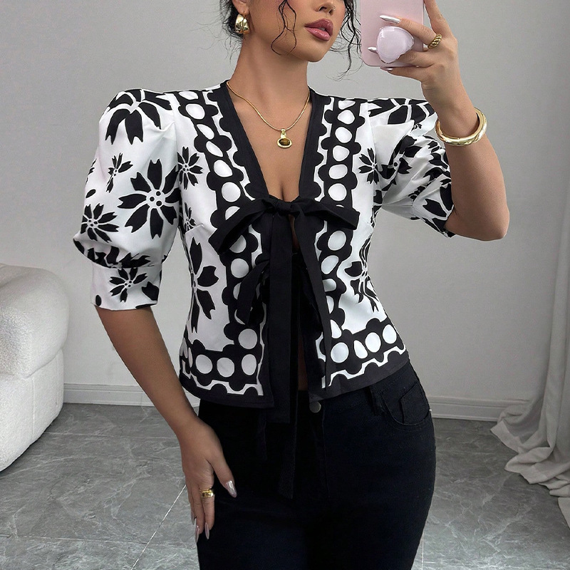 Half sleeve shirt 2025 summer new style French patterned lantern sleeve cardigan womens clothing