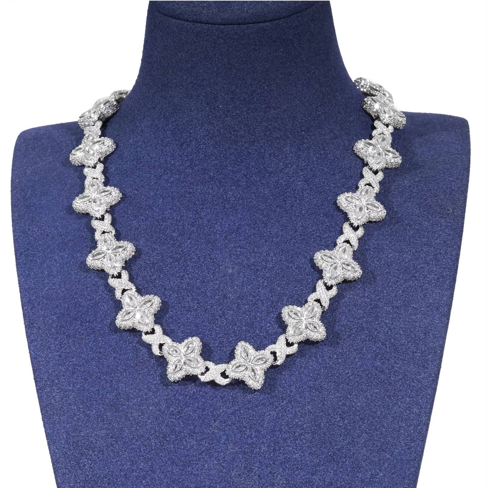 Sparkling Bling Hip Hop 16mm White CZ Clover Bracelet Necklace Brass Fashion Flower 5A Zircon Diamond Cuban Chain