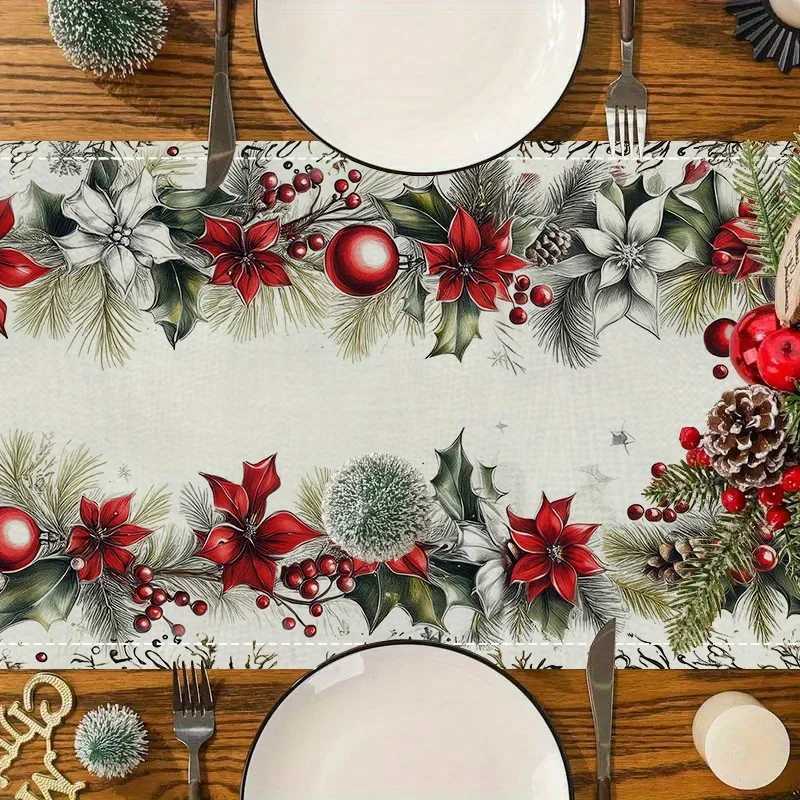 Christmas 1pc Cozy Gingerbread Christmas Table Flag with Red Poinsettia Vase for Family Gatherings and Festive Parties Y251113