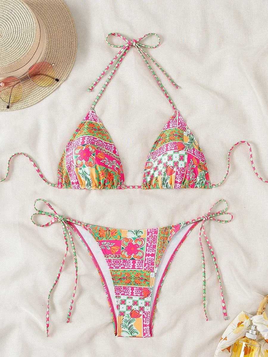 Swimsuit 2025 Female Micro Bikini Women Swimwear Summer Beachwear Womens Bathing Suit Floral Print Neck Halter Thong Bikini SetW251113