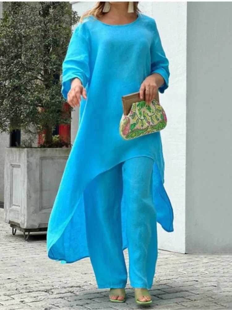 Womens cotton linen pants set fashionable solid casual irregular top wide leg pants set office womens two-piece suitXJ250414