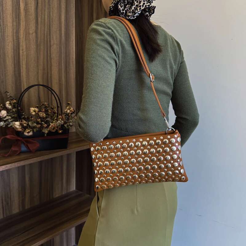 Women Fashion Rivets Handbag Adjustable Strap PU Leather Studded Crossbody Punk Shoulder Girls Daily Bag