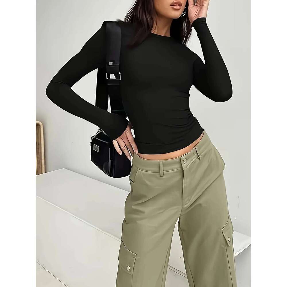 Female commuter casual female simple and fashionable solid color t-shirt with long sleeves