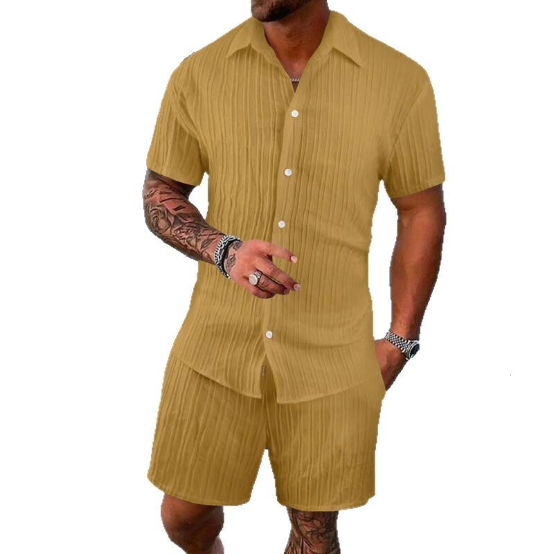 2025 Summer Men's Shirt Casual Loose Short Sleeve Shorts Beach Set