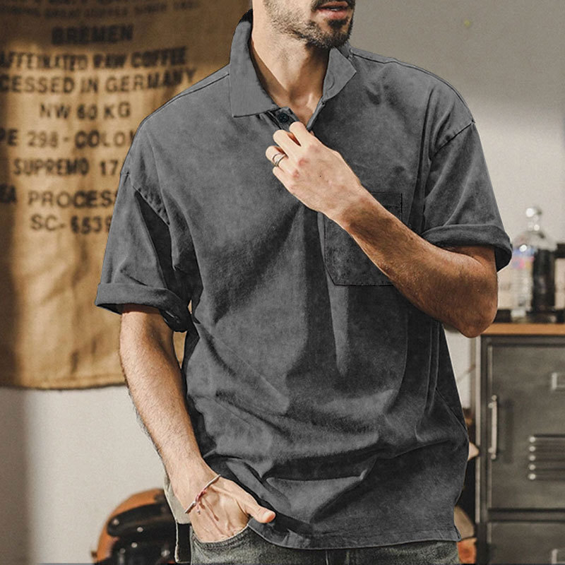 Summer new lapel button up oversize casual short sleeved men's high street T-shirt