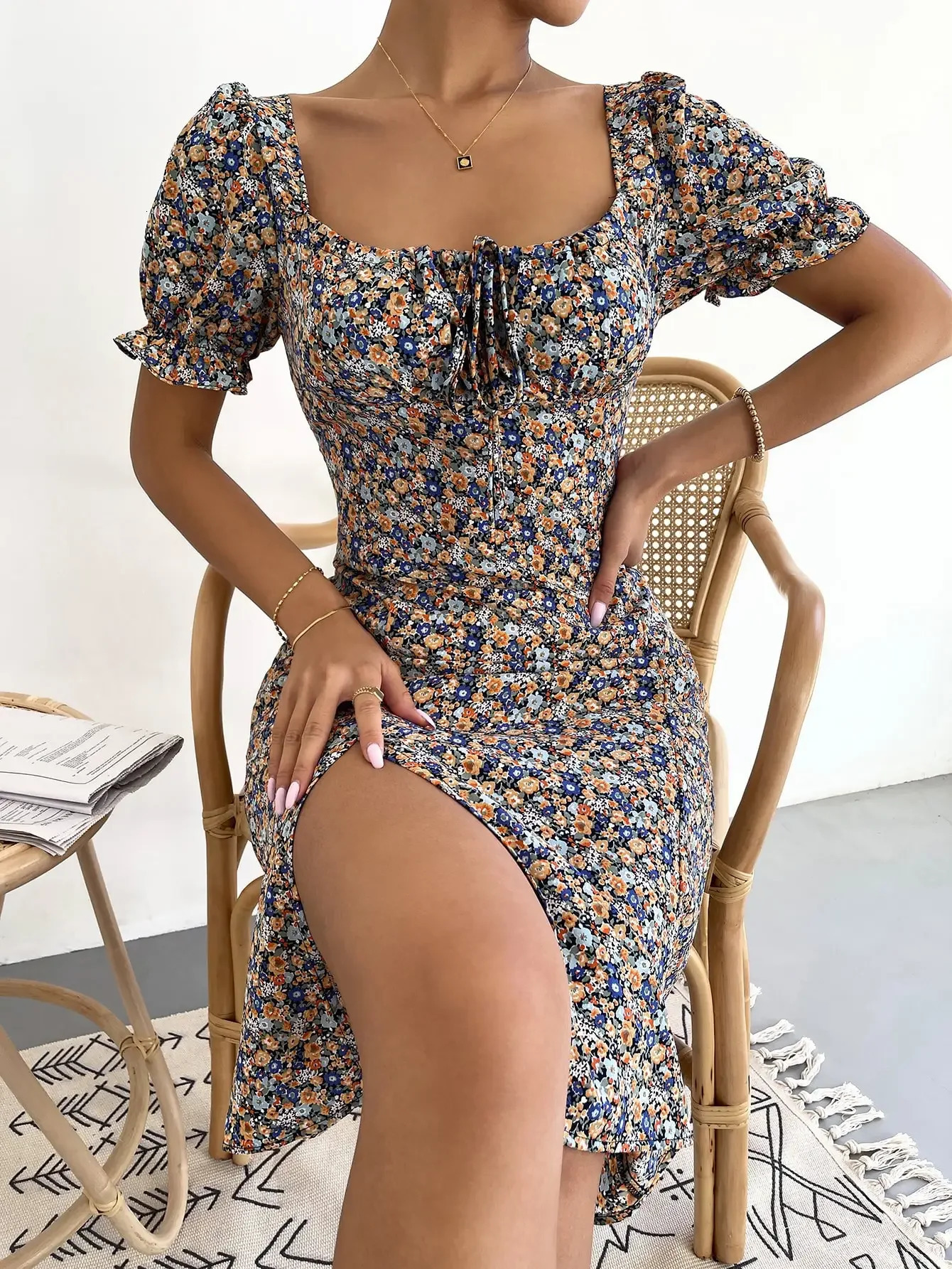 Elegant casual womens dress regular collar short sleeved pleated full body printed Aline skirt boho style 250414Z