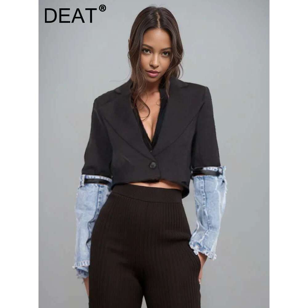 DEAT Fashion Trendy Women's Spliced Denim Belt Long Sleeves Coat 2024 Spring New Turn-Down Collar Buttons Jacket Female 7Ab010