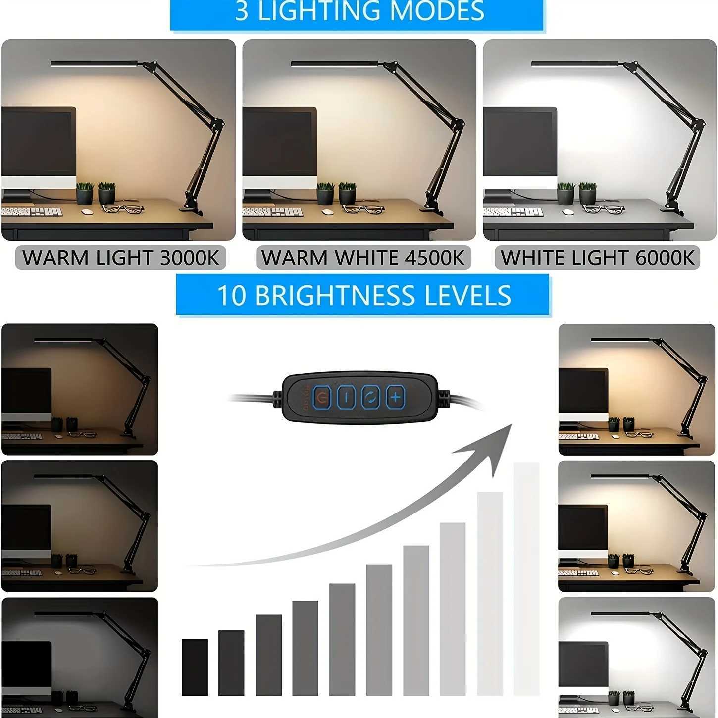 LED Desk Lamp Swing Arm Desk Light with Clamp 3 Lighting 10 Brightness Table Lamp Eye-Caring Reading Desk Lamps for Home Office M251114