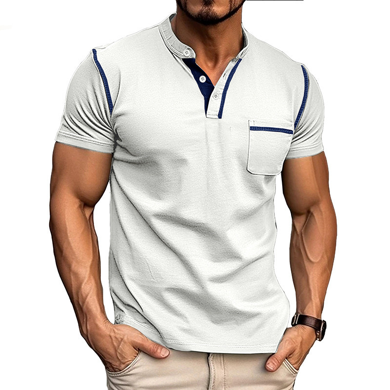2024 Summer Mens Short sleeved Mens T-shirt Mens Henry Shirt Color Block T-shirt Mens