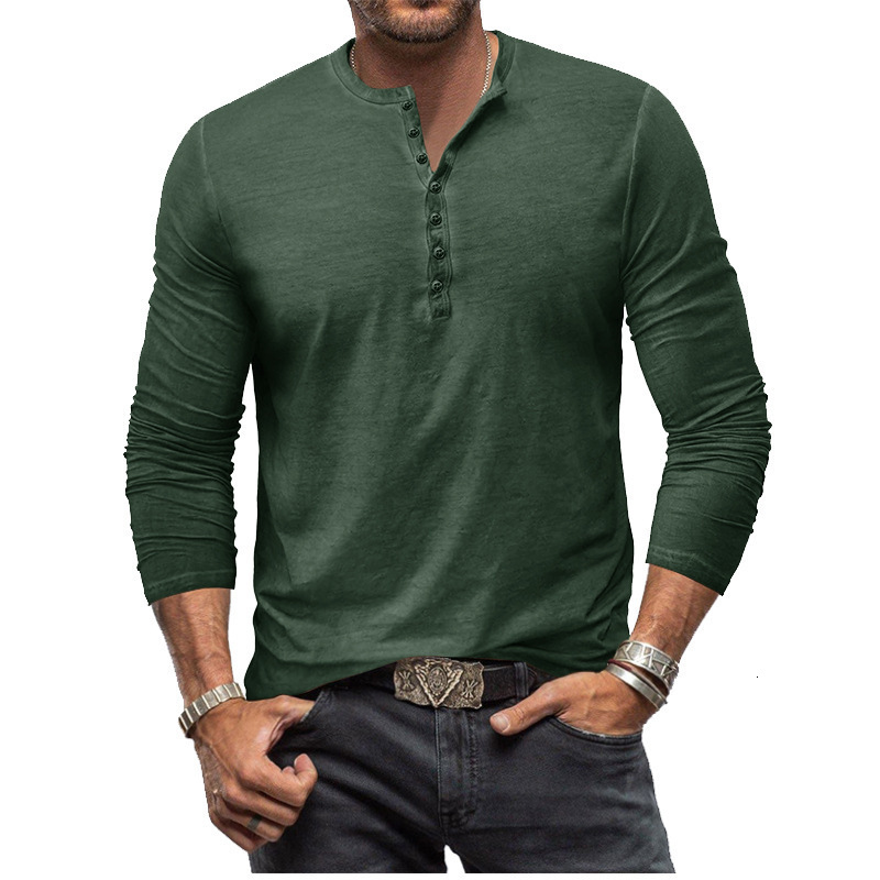 Mens Tie Dyed Henry Slim Fit Long sleeved T-shirt Button Washed Old V-neck Mens T-shirt