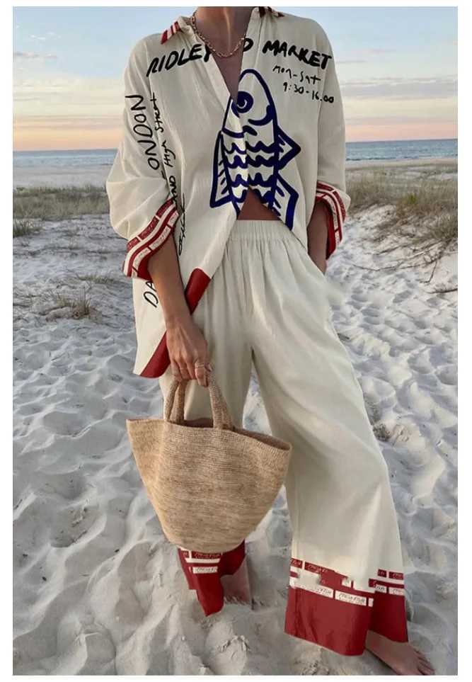 Fashion Printed Beach Holiday 2-piece Womens Spring/Summer Long Sve Top+Wide Leg Womens Oversized 2-piece SetXJ250414