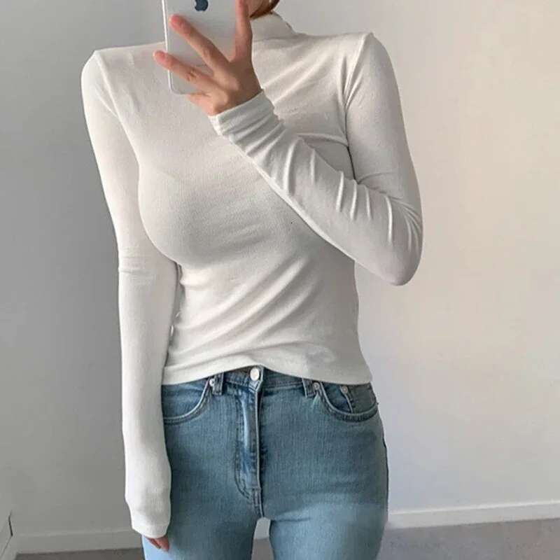 Spring Basic Long Sleeve T Shirt Women Korean Style Pink Tops Female Turtleneck Tees Mujer Casual Slim Tshirts Womens Clothing