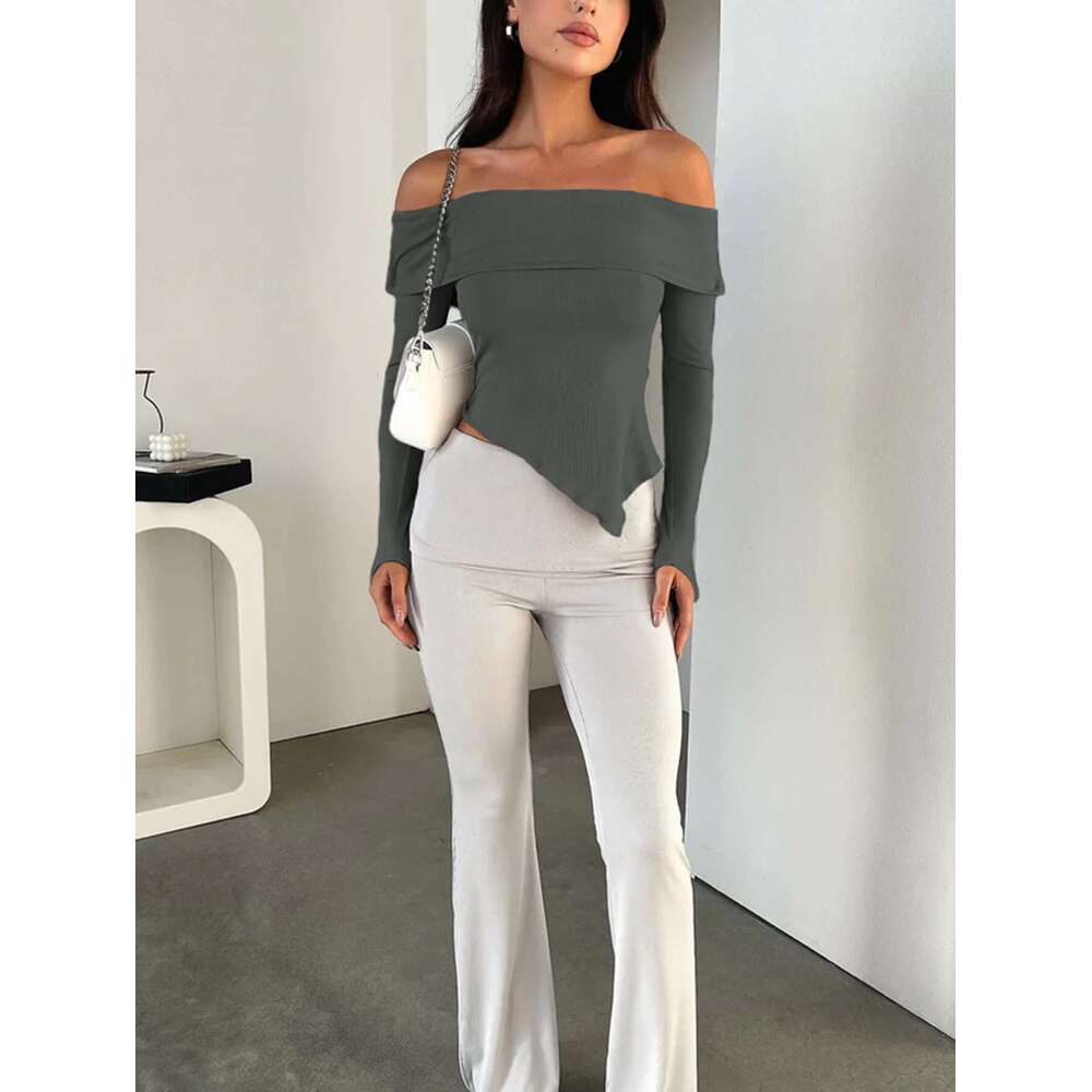 Sexy Strapless One e Neck Backless Long sleeved Short Spring Summer New Women's Slim Fit Top Party Nightclub