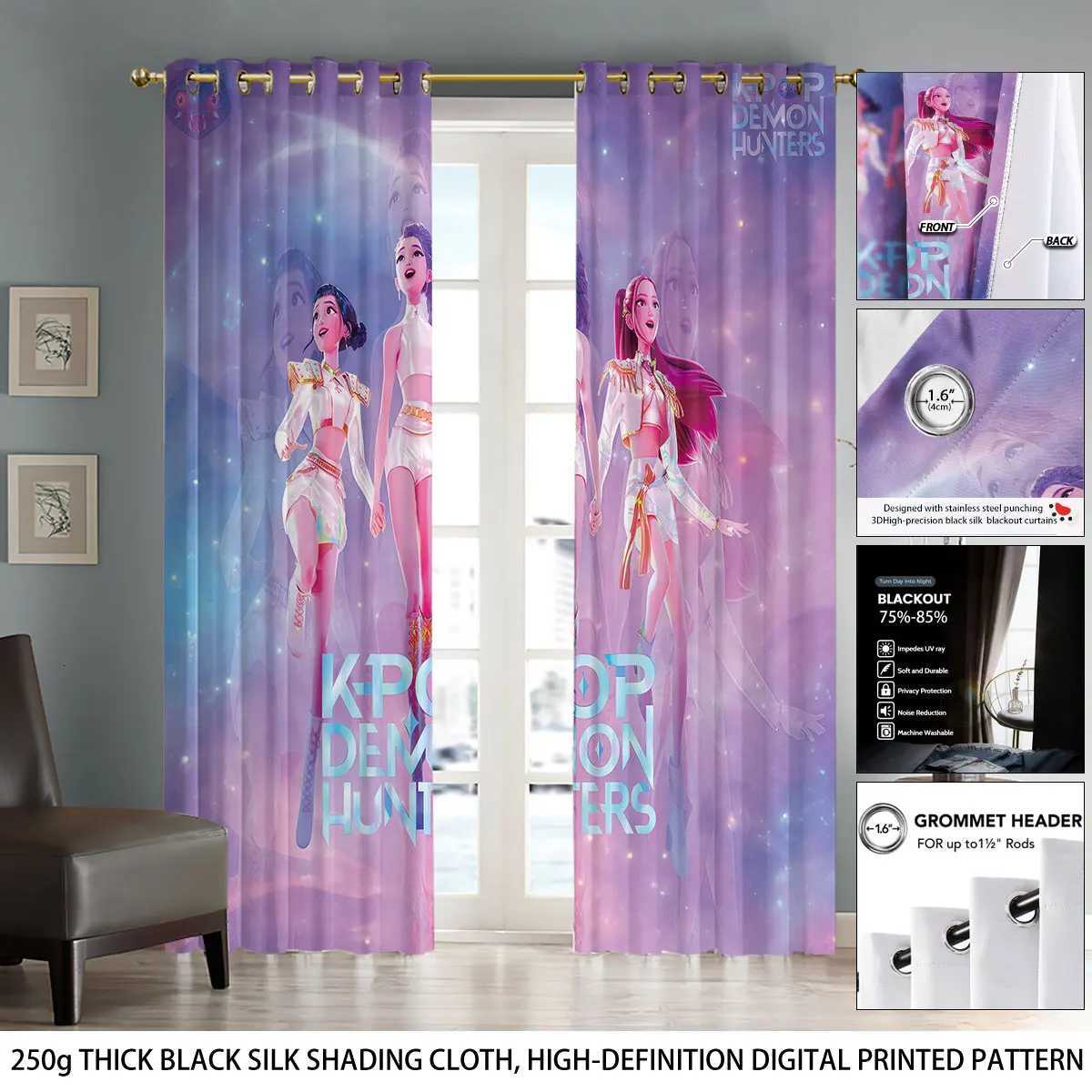 2pcs K-Pop Demon Hunters print perforated blackout curtains multiple size living room insulation decoration machine washable Z251111