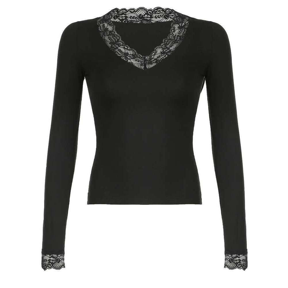 Cuteandpsycho Lace Patchwork Solid Slim Tee Shirts Long Sleeves V-neck Aesthetic Fashion Clothes Vintage Streetwear Black Tops