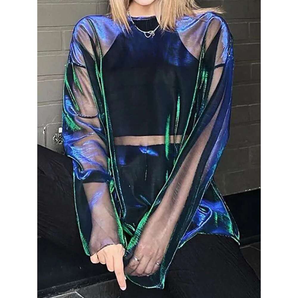 Solid See Through Tshirt Sexy Tops O-Neck Long Sleeve T Shirt For Women Clothing Club Y2k Aesthetic Egirl Tees