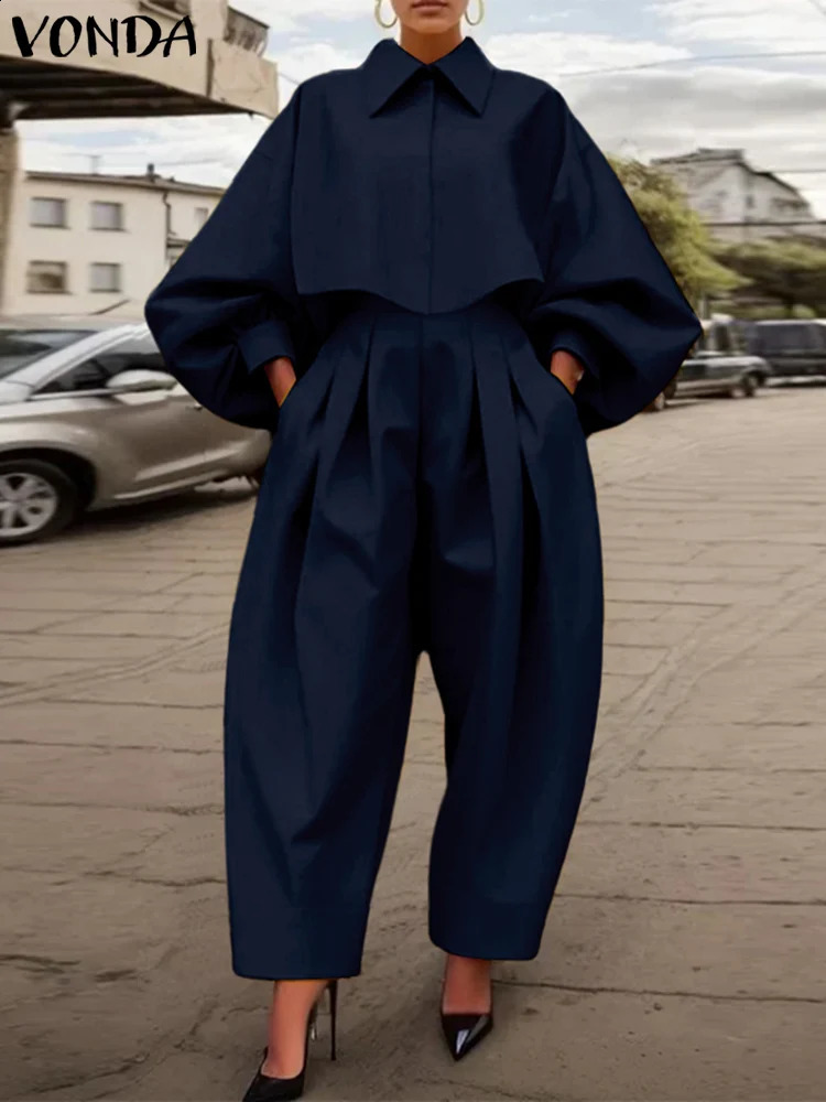 Plus Size 5XL VONDA Women Pants Sets Casual Loose Turn-down Collar Tops Elastic Waist Wide Leg Pant Outfits 2025 Women Suits 250410