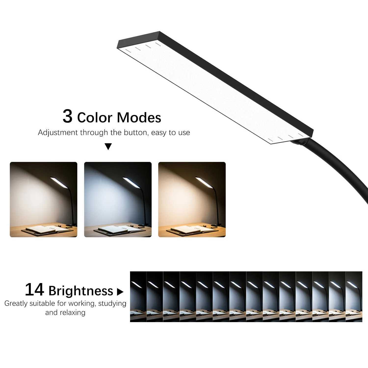 5W LED Clip on Desk Lamp with 3 Modes 11 Brightness 2M Cable Dimmer 14 Levels Clamp Table Lamp M251114