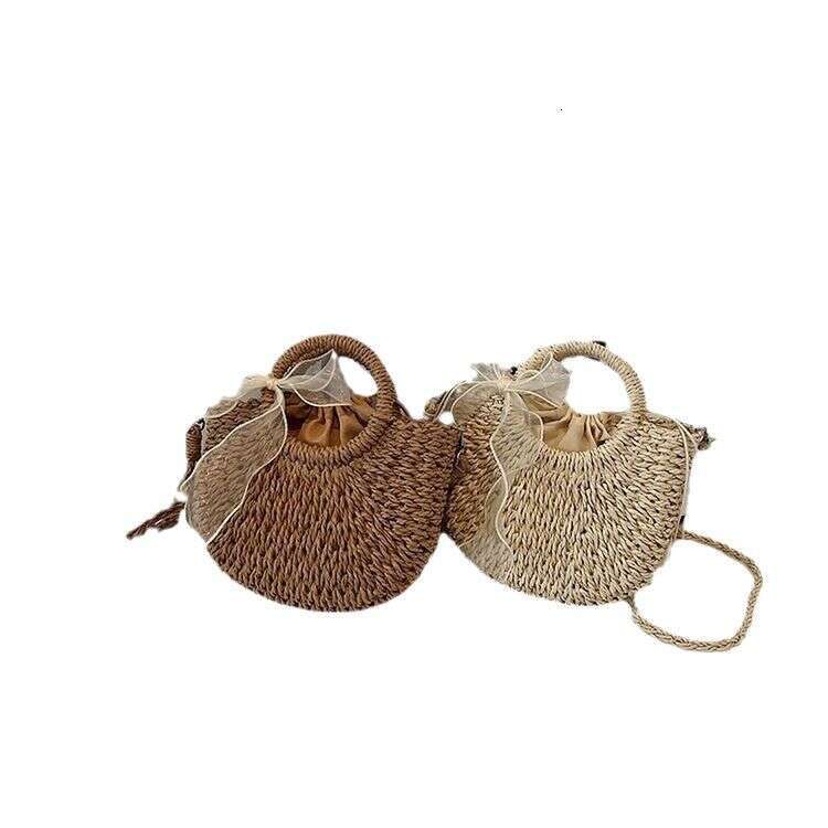 Handmade Beach Bag Paper Rope Hand-Held Crossbody Shoulder Beach Woven Bag, Semi-Circular Lace Grass Bag Kq2