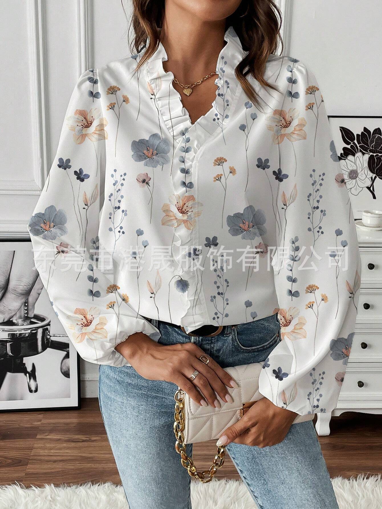Spring and Autumn Temu women's long sleeved shirt with ruffled V-neck printed temperament commuter top