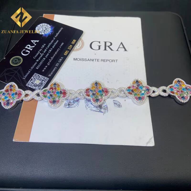 New Designs Pass Diamond Tester Moissanite Colored Four-Leaf Clover Bracelets 925 Sterling Silver Moissanite Mens Bracelet