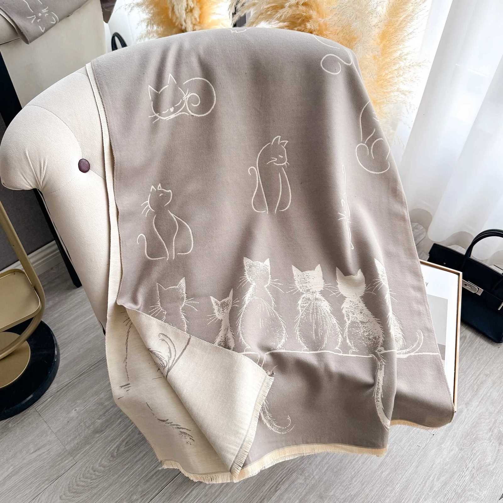 Luxury New Luxury Winter Cashmere Little Cat Print Scarf Women Warm Pashmina Poncho Scarves Fashion Shawl Thick Foulard Bufanda Y251114
