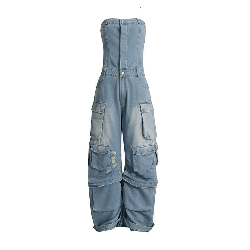Designer Splice Pocket Denim Jumpsuit for Women - Chic Strapless Cutout Style with Tailored Fit