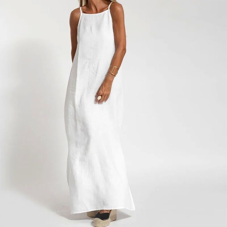 K411Trendy Casual Cotton Linen Dress with Slits and Detachable Shoulder Strap