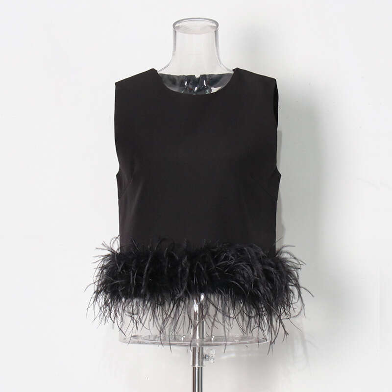 Designer Chic Solid Color Sleeveless Vest for Women - Sleek Spliced Ostrich Fur, Casual Wear
