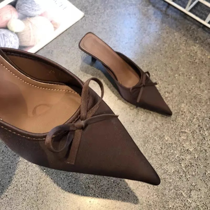 bow womens slippers summer Pointed toes sliding on womens mules thin high-heeled satin sandals Zapatos MUJI 250411