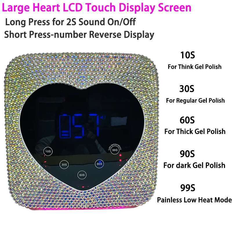 Cute Heart Design Manicure Pedicure Hine LCD Touch Screen Cordless Power Storage Cure UV LED Nail Lamp With Rhies